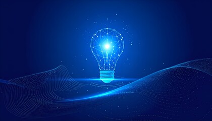 A glowing, stylized lightbulb with a digital connection pattern on a blue background