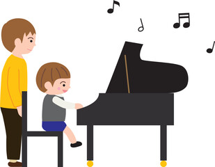 ピアノを弾く男の子と男の先生と音符