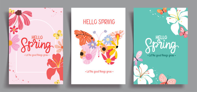 Hello Spring greeting card clipart poster set. Hello Spring greeting text in colorful background clip art with pattern butterfly and flowers holiday poster card template collection vector illustration