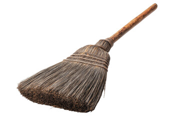 Rustic, angled broom with weathered, gray, bristle head