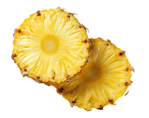 Two juicy, sliced pineapple rings, golden yellow fruit, black background