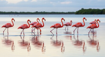 Obraz premium Flock of Flamingos in Shallow Water.