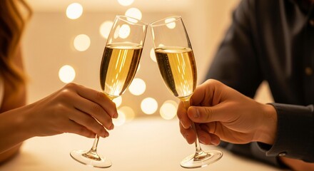 Two people holding two glasses of champagne while toasting together in a celebration at a party or special event