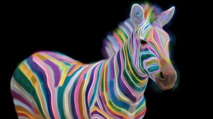 Fototapeta premium Neon LED Striped Zebra Art Display Digital Gallery Vibrant Colors Contemporary Style Close-Up View Artistic Concept