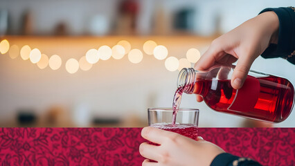 Hands pouring red liquid from glass bottle into a clear drinking glass