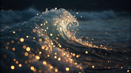 Fototapeta premium A stunning wave captures golden light and sparkling droplets, showcasing the beauty of nature's movement and the ocean's energy.
