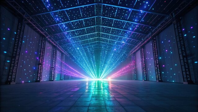 A vibrant, illuminated space with colorful laser lights projecting dynamic patterns across a dark setting, creating a mesmerizing visual experience.