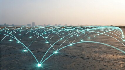 A futuristic network of glowing arcs symbolizes connectivity and technology against a serene urban backdrop at sunset.