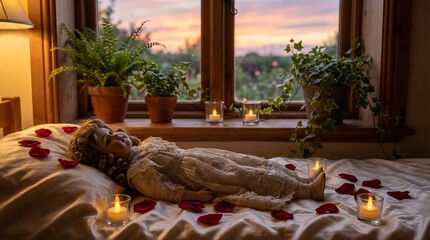 Woman lies on bed with rose petals and candles near window at sunset