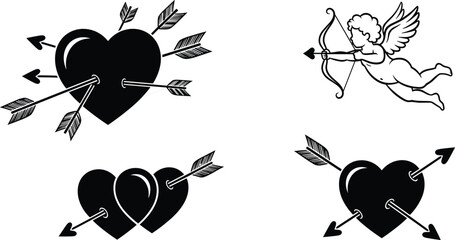 Fototapeta premium Cupid angel shooting arrows at black hearts pierced by love symbols romantic Valentine concept vector illustration set isolated background