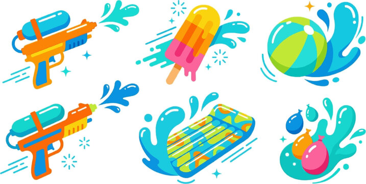 Colorful summer water-themed icon set featuring popsicles, water guns, beach balls, waves, splashes and decorative elements