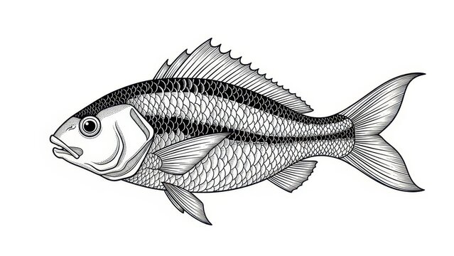 Detailed monochrome illustration of a striped snapper fish with intricate scales and fins