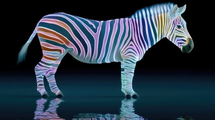 Fototapeta premium Vivid Neon LED Striped Zebra Art Installation Urban Gallery Digital Artwork Modern Environment Side View Futuristic Concept