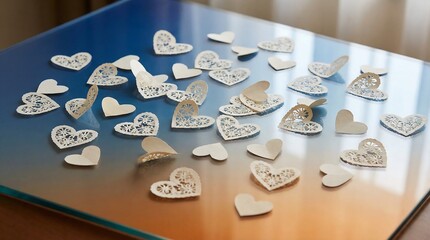 Many small hearts are scattered on a colorful table top surface