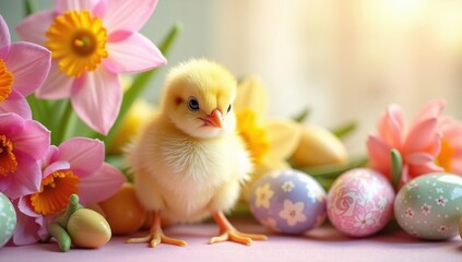 Yellow chick surrounded by easter eggs and flowers