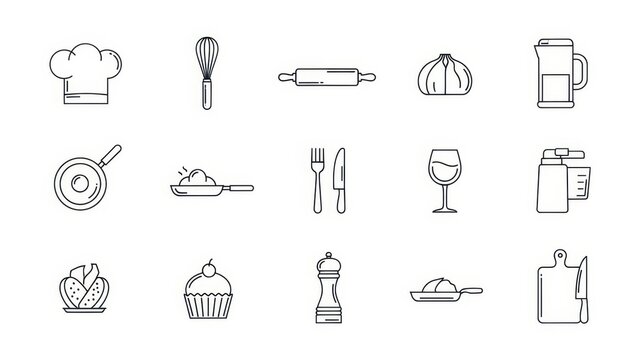 Line art kitchenware icons perfect for a food-related blog post or cooking website graphic design - Powered by Adobe