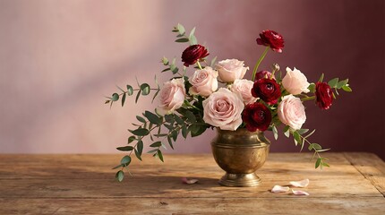 Flowers arranged with roses tulips greens in vase on wooden table indoors