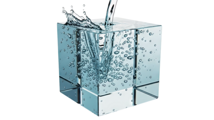 Water cube with splashing water and bubbles