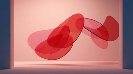 Red translucent shapes float in a modern minimalist interior space