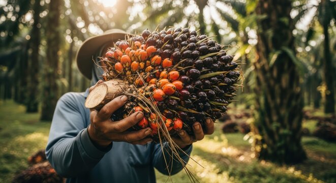 Farmer Holding Oil Palm Fruits.