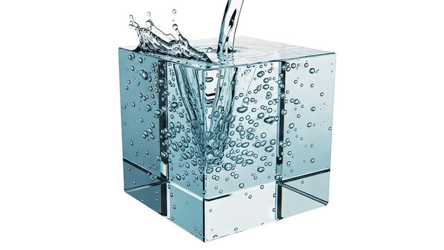 Water cube with splashing water and bubbles