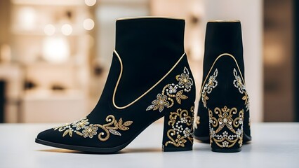 Exquisite pair of black ankle boots featuring intricate gold and silver beadwork embroidery detail on the toe and chunky block heel