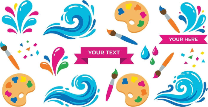 Creative water splash and art palette icon set featuring waves, paint splashes, droplets and blank banners for customizable messages