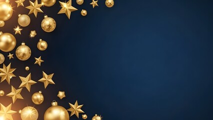 Fototapeta premium Golden christmas ornaments and stars on dark blue background for holiday cards and decorations