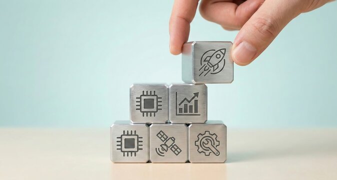 Hand stacking metal cubes with laser etched icons of rocket, graph and chip. Concept of business strategy, startup innovation, financial growth and technology development.