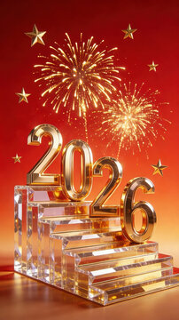 3D Rendered Illustration of Golden "2026" Numbers on a Transparent Crystal Staircase, Set Against a Red Background with Fireworks and Stars, Symbolizing 2026 New Year Progress and Prosperity