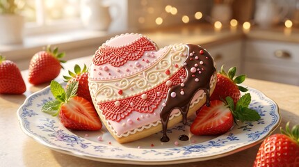 Heart-shaped cake with strawberries on a plate in a kitchen