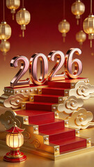 3D Rendered Illustration of Metallic "2026" Numbers on a Red-Gold Staircase, Surrounded by Auspicious Clouds and Chinese Lanterns, Symbolizing Year of the Horse Progress and Prosperity