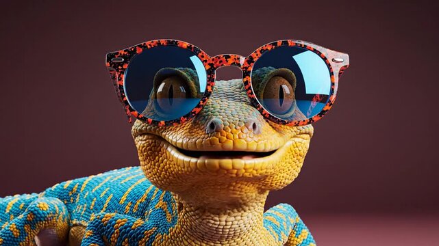 A vibrant orange lizard wearing sunglasses and a patterned shirt stands smiling directly facing the camera