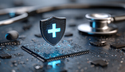 Digital health spy agency icon with glowing white medical cross on a futuristic circuit board background, representing cybersecurity in healthcare technology