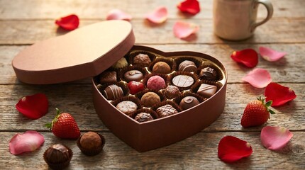 Chocolates and strawberries on a wooden table with heart box