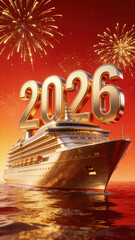 3D Rendered 2026 New Year Celebration Scene with a Golden Luxury Cruise Ship Sailing on Reflective Water, Backed by Red Sky and Fireworks, Ideal for Holiday Travel and Festive Promotions
