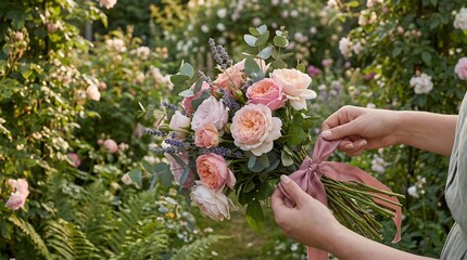 Woman prepares bouquet with pink roses in garden outdoors in daytime
