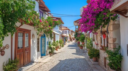 Fototapeta premium Picturesque Cobblestone Street Lined with Charming Buildings and Vibrant Flowers