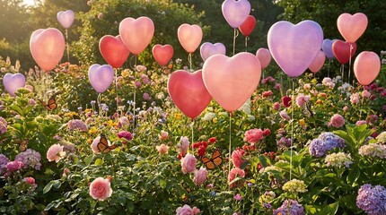 Vibrant heart-shaped balloons float amidst colorful flowers in a lush garden