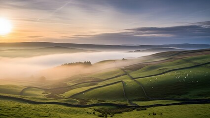 Serene countryside landscape with rolling green hills and foggy valleys at sunrise