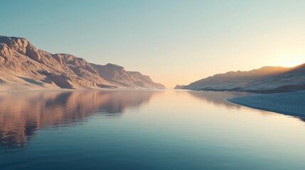 Obraz premium Serene Lake Reflecting Mountainous Landscape at Sunset with Warm Light