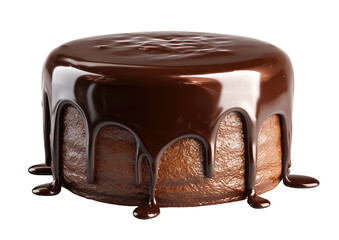 Rich chocolate cake, glossy dark drizzle cascading down, on black backdrop