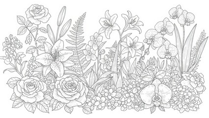 Elegant botanical drawing showcasing a variety of flowers and foliage in monochrome illustration