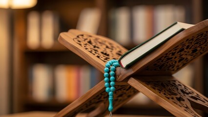 A green book on a wooden stand with blue prayer beads in a library setting with bookshelves