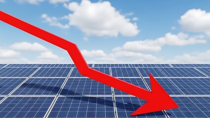 Red downward arrow over blue solar panels under a cloudy sky