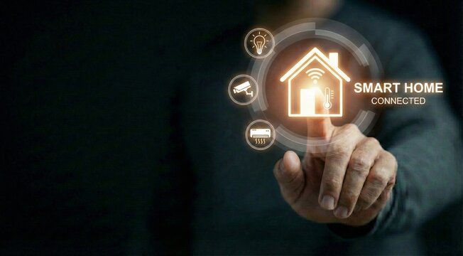 Smart home connectivity concept, hand touching house icon on virtual interface with network connection text. IoT automation control system background integrating lighting, security surveillance, and t