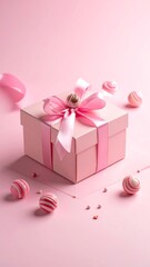 A pink gift box with a bow and candies on a pink background