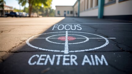 Detailed close up of a chalk target with focus center aim words on cracked asphalt in bright sunligh