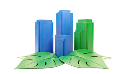 Abstract Blue and Green Skyscraper Forms with Tropical Leaves