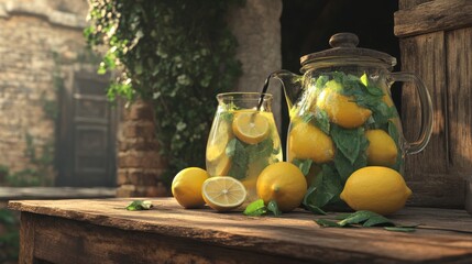 Refreshing Lemonade Still Life: Glass Pitcher and Jar on Rustic Wooden Table with Greenery Backdrop
